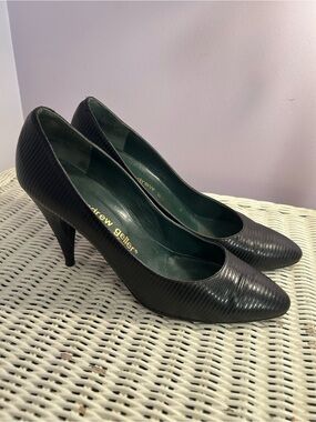 Vintage 80s 90s Andrew Geller Italy Black Ribbed Stiletto Pump Heels Shoes 9AA
